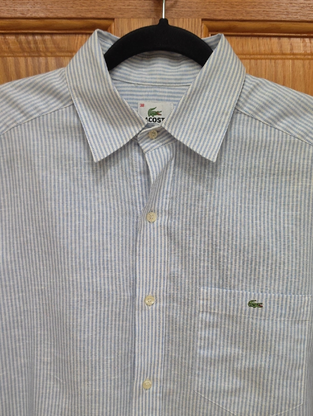 Lacoste Men’s Light Blue & White Striped Button-Down 56% Linen, S(38), NWOT